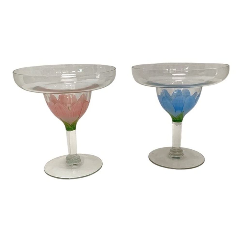 Margarita Glasses Hand-Painted Floral Design Vintage | Set of 2